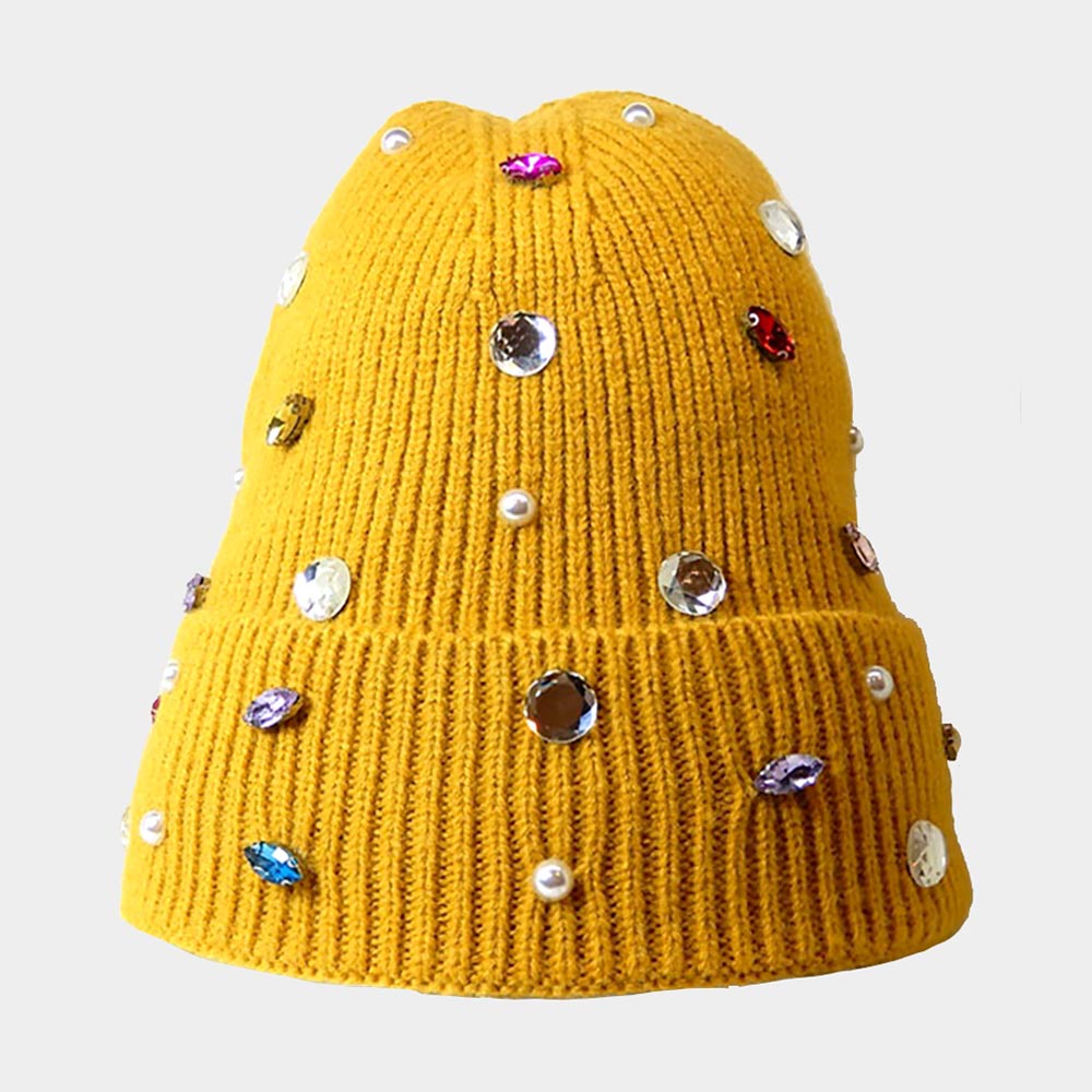 Pearl Embellished Fleece Lined Knit Beanie Hat - Hautefull