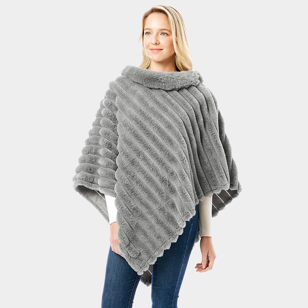 Rippled Faux Fur Collar Poncho for Women - Hautefull