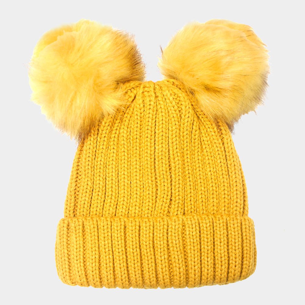 Textured Knit Double Pom Beanie Hat - Hautefull