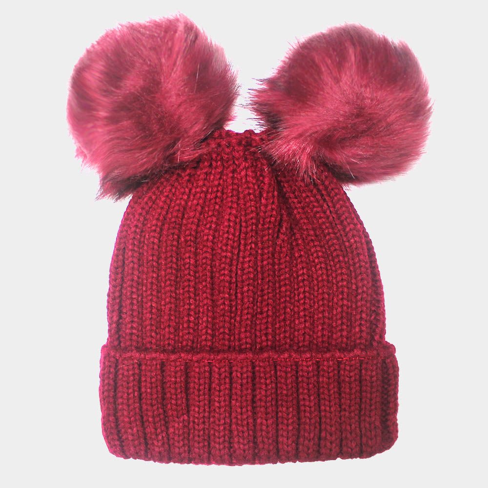 Textured Knit Double Pom Beanie Hat - Hautefull