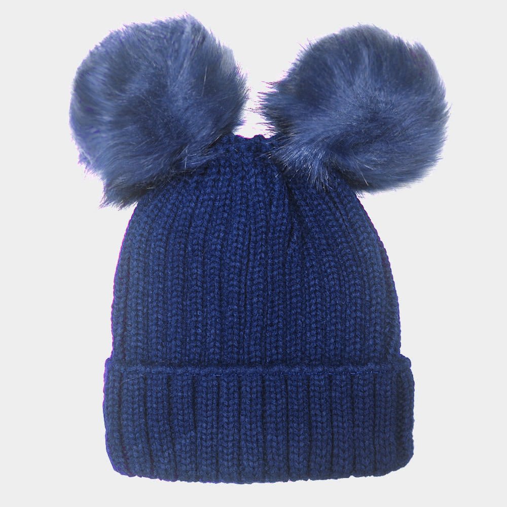 Textured Knit Double Pom Beanie Hat - Hautefull