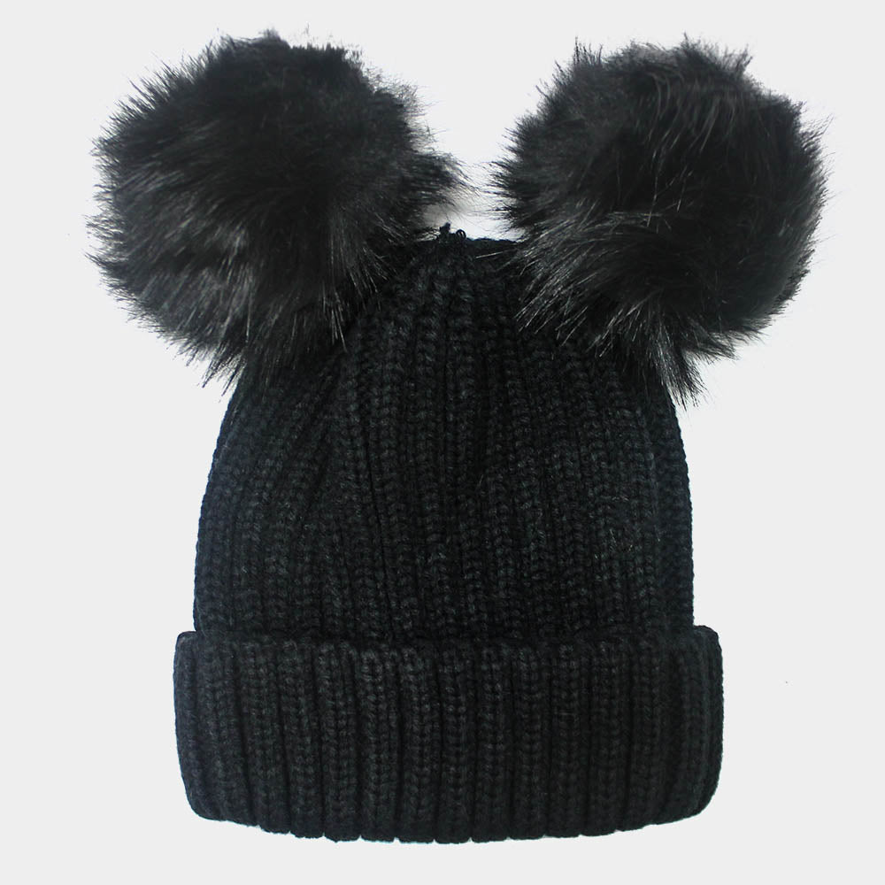 Textured Knit Double Pom Beanie Hat - Hautefull