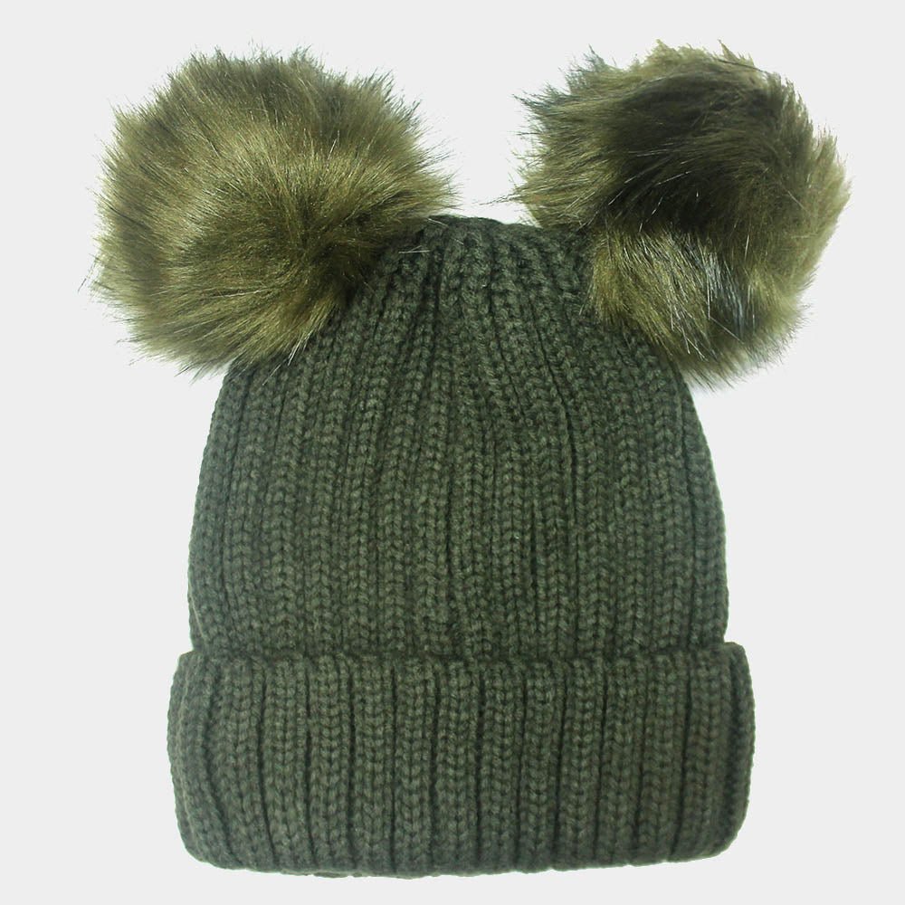 Textured Knit Double Pom Beanie Hat - Hautefull