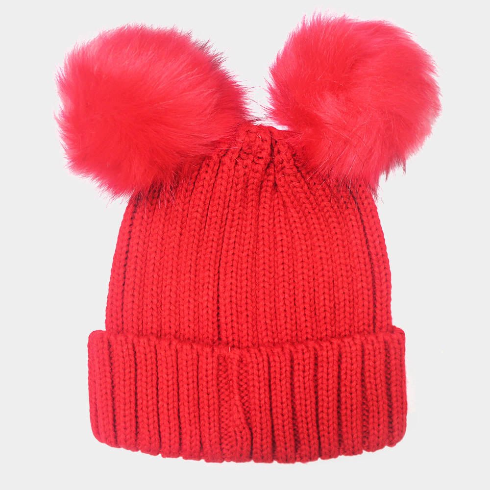 Textured Knit Double Pom Beanie Hat - Hautefull