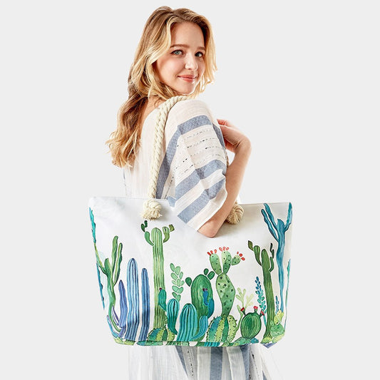 Tropical Cactus Print Beach Tote Bag - Hautefull