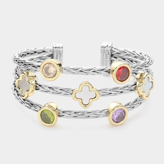 Vibrant CZ Stone Quatrefoil Open Cuff Bracelet - Hautefull