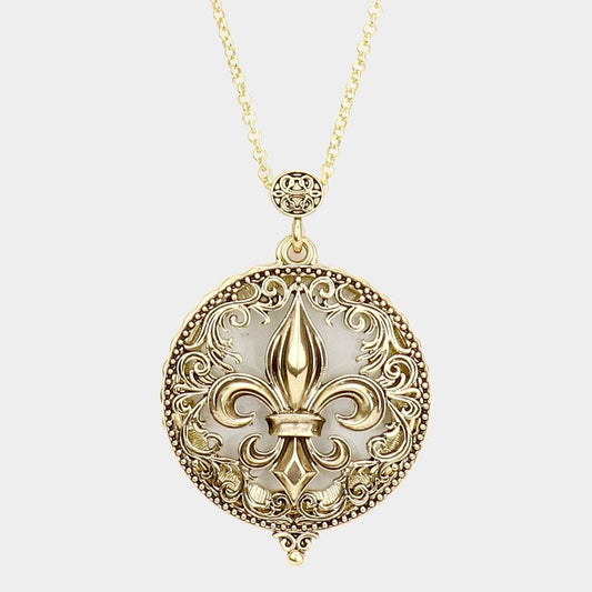 Vintage Metal Fleur de Lis Pendant Magnifying Glass Long Necklace - Hautefull