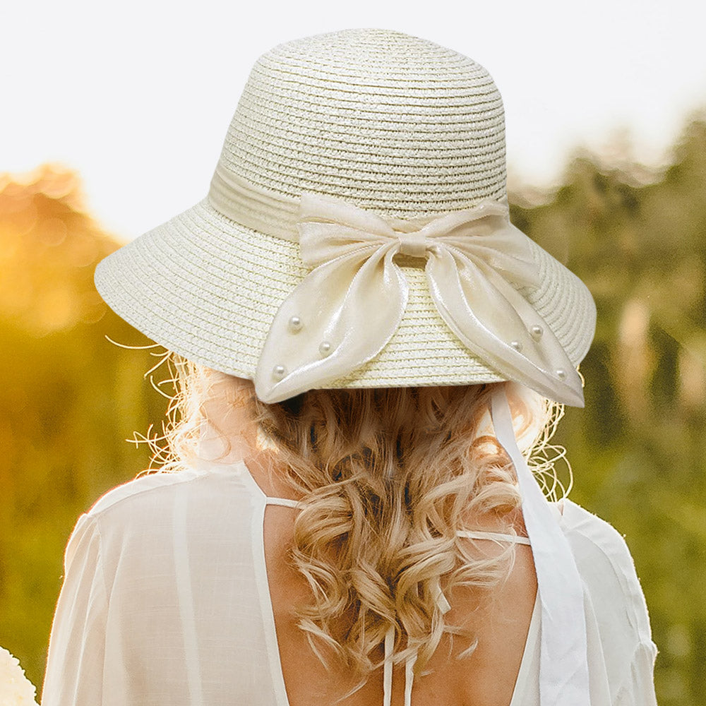 Pearl Adorned Bow Straw Sun Hat