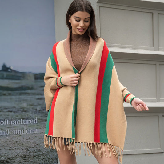 Women's Striped Fringed Poncho Shawl - Hautefull