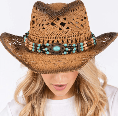 Woven Breathable Cowboy Hat with Beaded Band - Hautefull