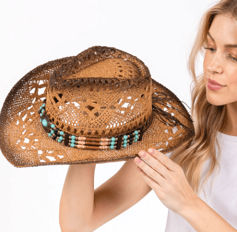 Woven Breathable Cowboy Hat with Beaded Band - Hautefull