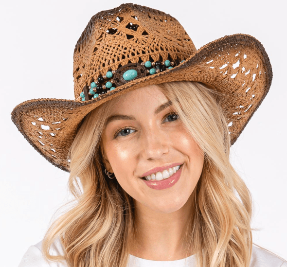 Woven Breathable Cowboy Hat with Beaded Band - Hautefull