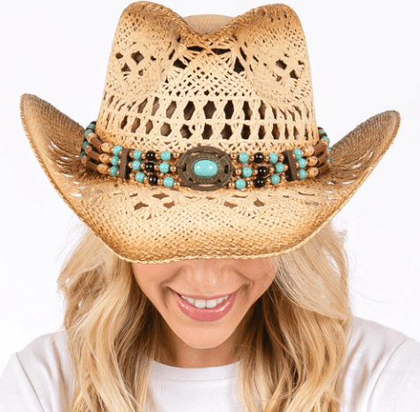 Woven Breathable Cowboy Hat with Beaded Band - Hautefull