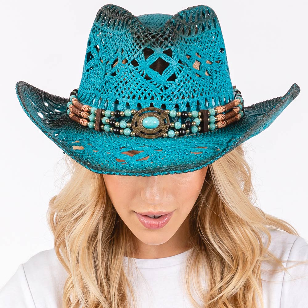 Woven Breathable Cowboy Hat with Beaded Band - Hautefull