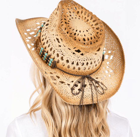 Woven Breathable Cowboy Hat with Beaded Band - Hautefull