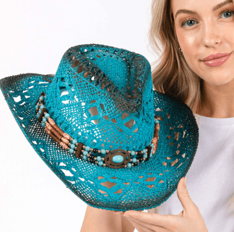 Woven Breathable Cowboy Hat with Beaded Band - Hautefull