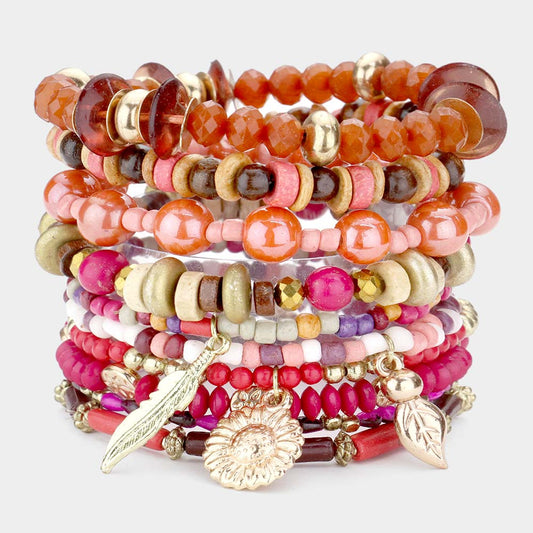 10PCS Stackable Leaf Charm Beaded Bracelets for Women - Hautefull