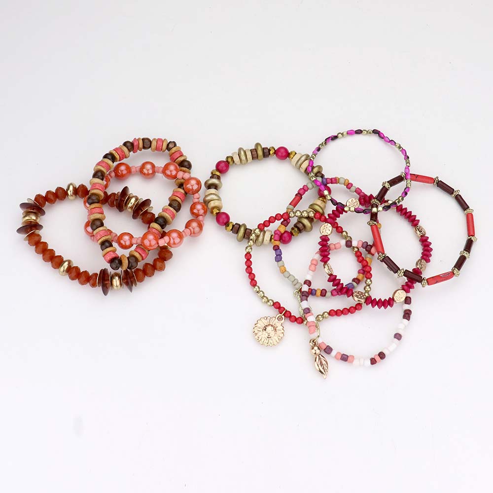 10PCS Stackable Leaf Charm Beaded Bracelets for Women - Hautefull
