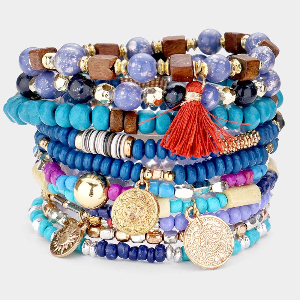 10PCS Tassel Charms Beaded Bracelets for Women - Hautefull