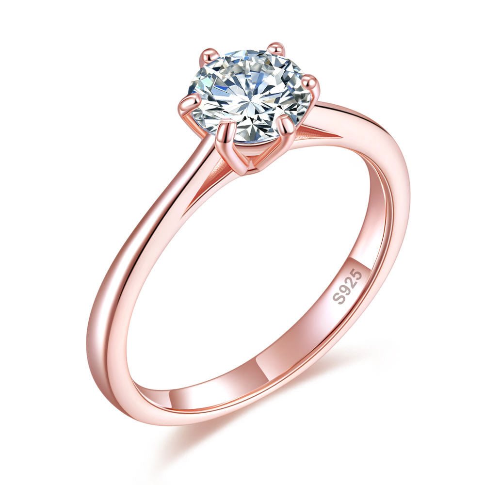 1Ct Rose Gold Plated 925 Sterling Silver Engagement Ring - Hautefull