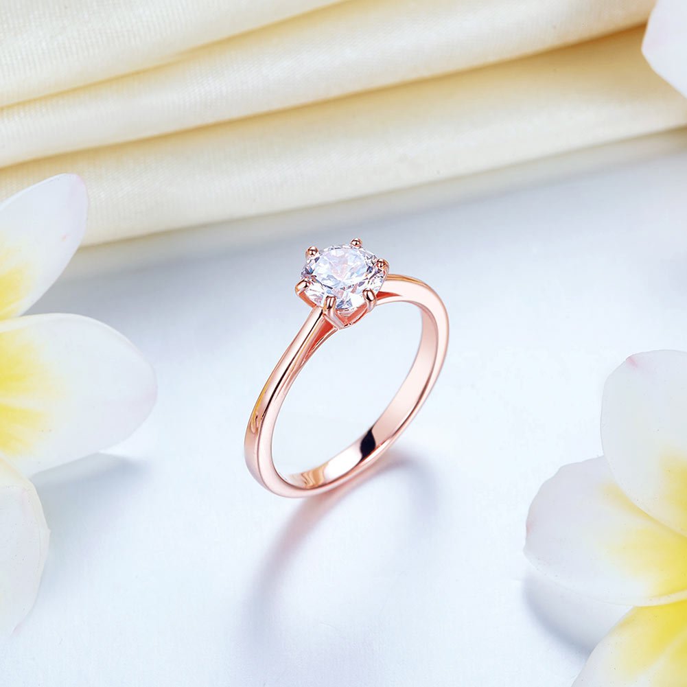 1Ct Rose Gold Plated 925 Sterling Silver Engagement Ring - Hautefull