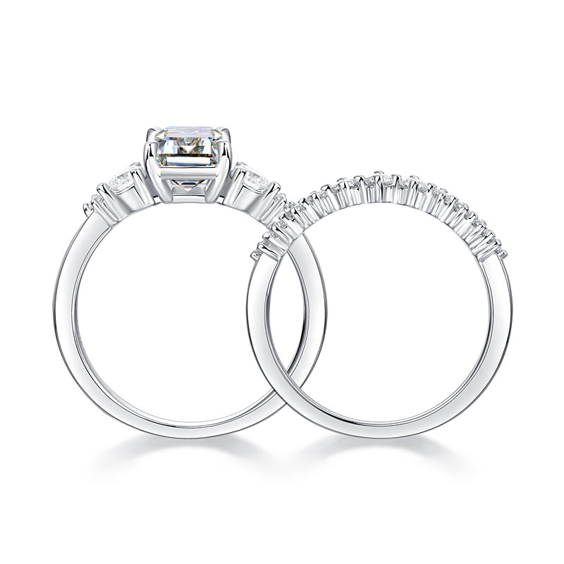 2 Carat Emerald Cut Genuine Moissanite Diamond Ring Set - Hautefull