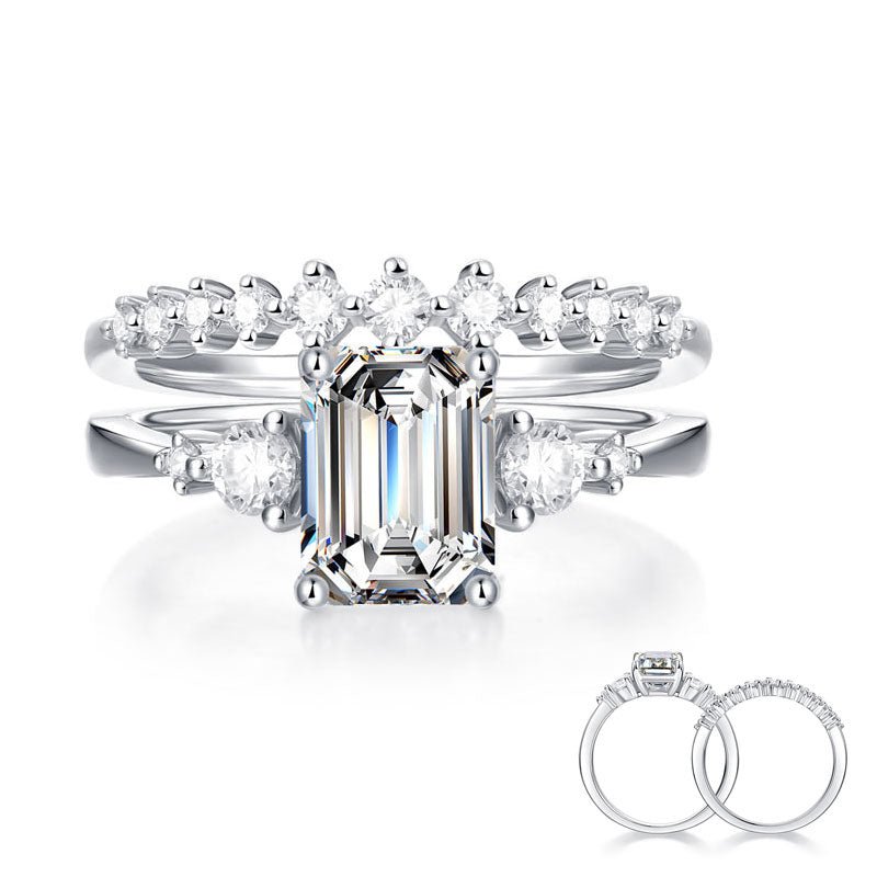 2 Carat Emerald Cut Genuine Moissanite Diamond Ring Set - Hautefull