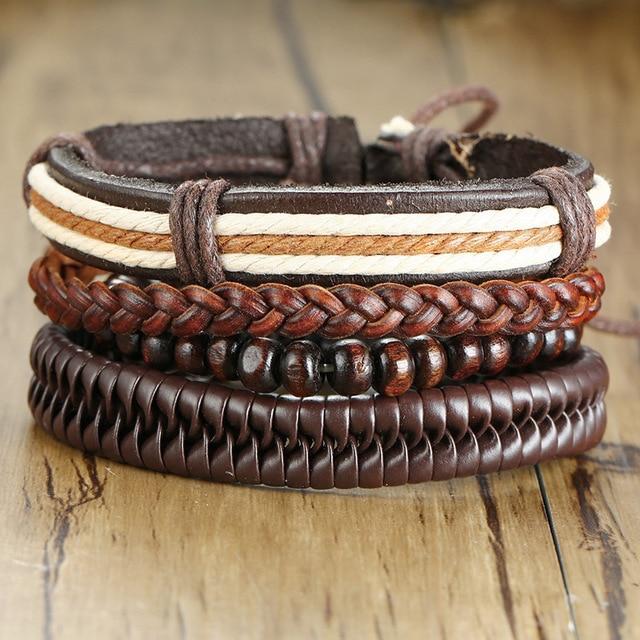 4Pcs/ Set Braided Mens Leather Bracelet Wrap - Hautefull