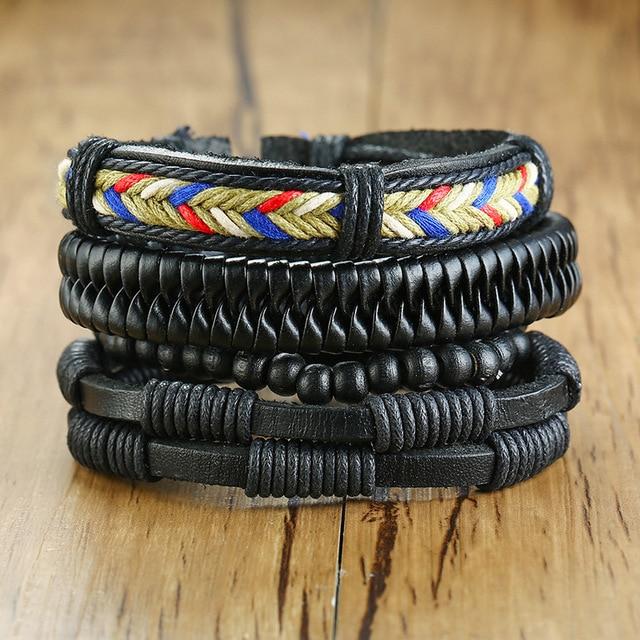 4Pcs/ Set Braided Mens Leather Bracelet Wrap - Hautefull