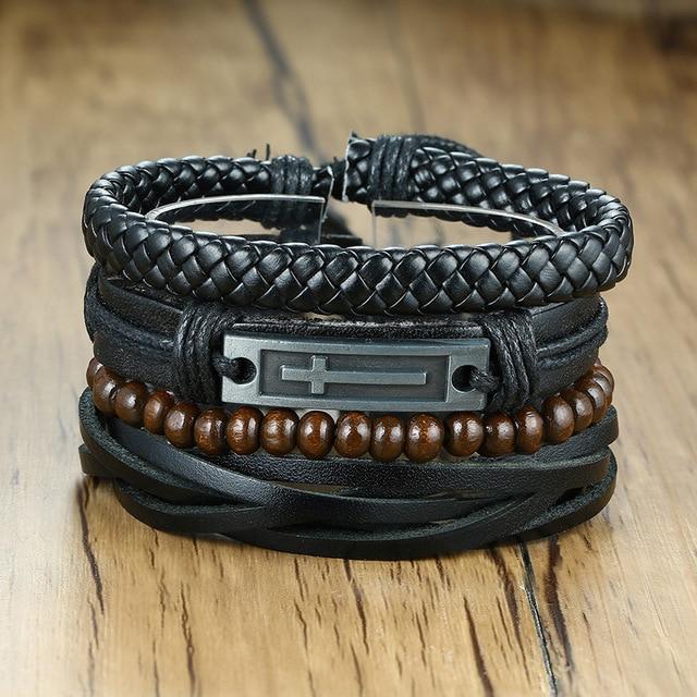 4Pcs/ Set Braided Mens Leather Bracelet Wrap - Hautefull