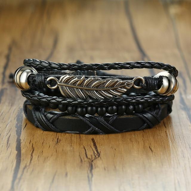 4Pcs/ Set Braided Mens Leather Bracelet Wrap - Hautefull