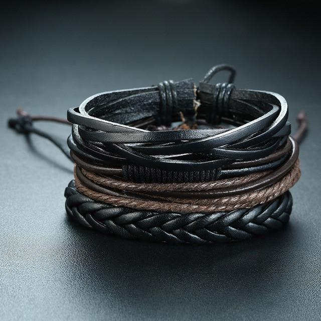 4Pcs/ Set Braided Mens Leather Bracelet Wrap - Hautefull