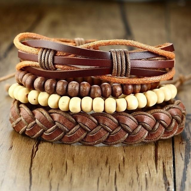 4Pcs/ Set Braided Mens Leather Bracelet Wrap - Hautefull