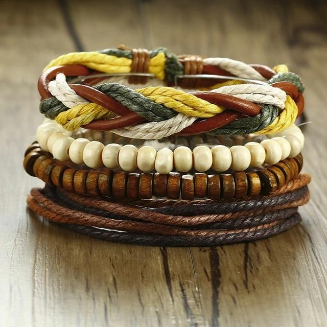 4Pcs/ Set Braided Mens Leather Bracelet Wrap - Hautefull