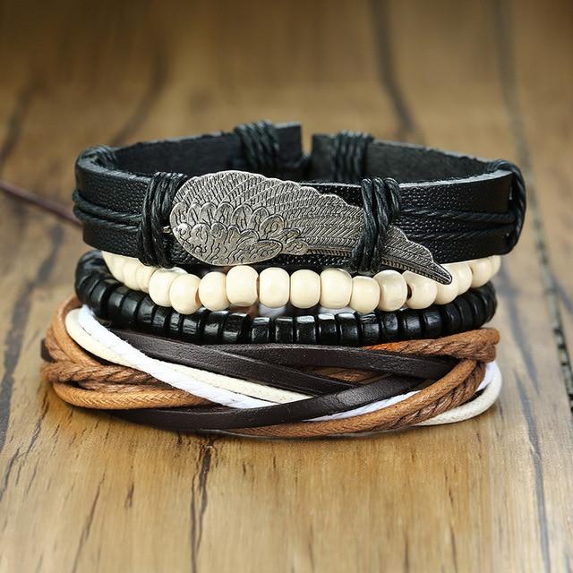 4Pcs/ Set Braided Mens Leather Bracelet Wrap - Hautefull