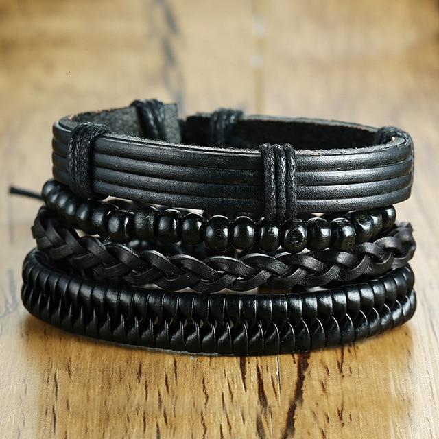 4Pcs/ Set Braided Mens Leather Bracelet Wrap - Hautefull