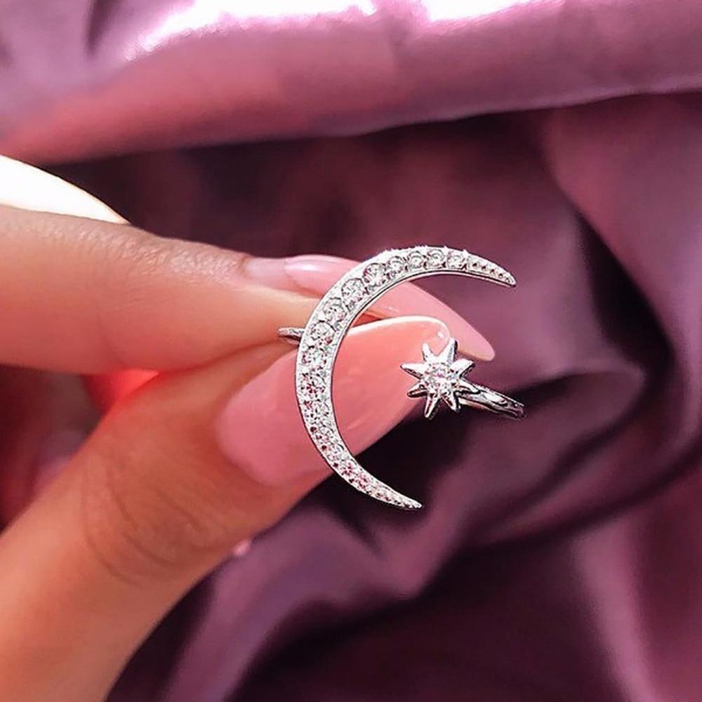 925 Silver Crescent Moon Ring Adjustable - Hautefull