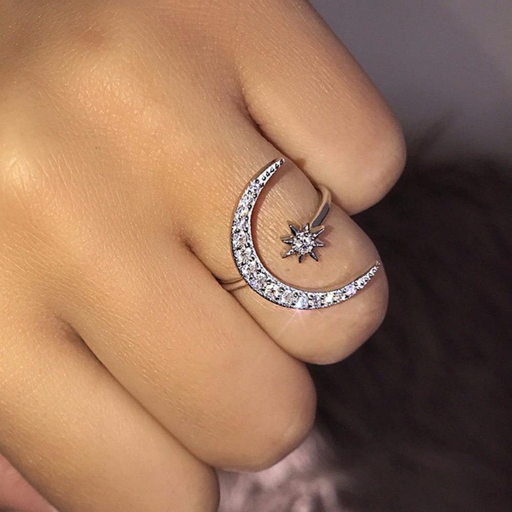 925 Silver Crescent Moon Ring Adjustable - Hautefull