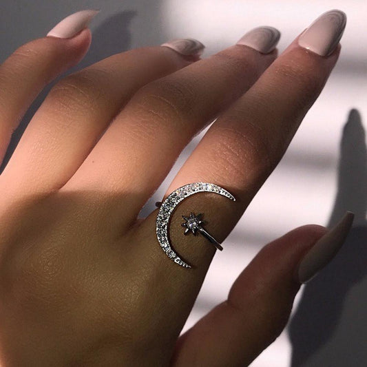 925 Silver Crescent Moon  and Star Ring Adjustable - Hautefull