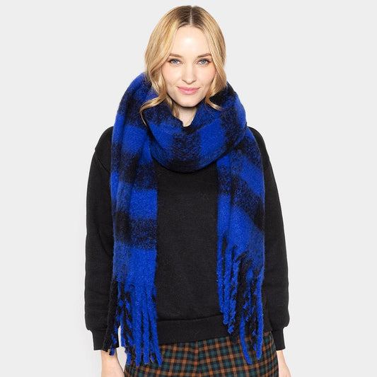 Checkered Fringe Scarf Blue - Hautefull