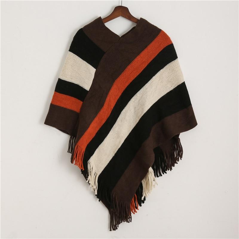 Color Blocks Knit Shawl Thick Winter Poncho - Hautefull