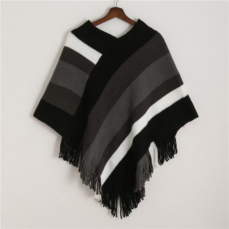 Color Blocks Knit Shawl Thick Winter Poncho - Hautefull