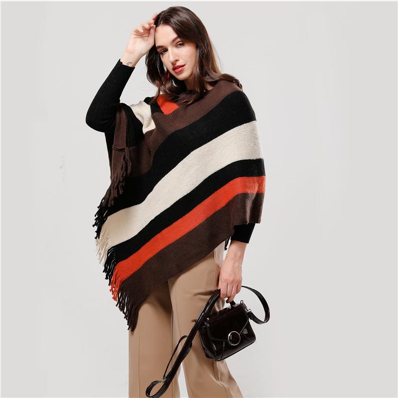 Color Blocks Knit Shawl Thick Winter Poncho - Hautefull