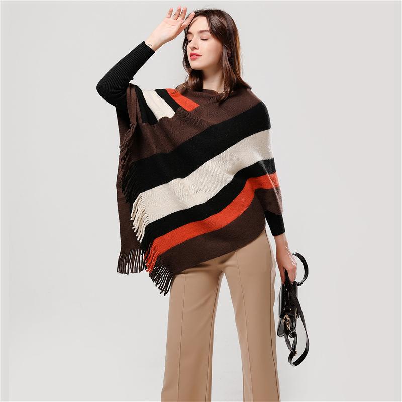 Color Blocks Knit Shawl Thick Winter Poncho - Hautefull