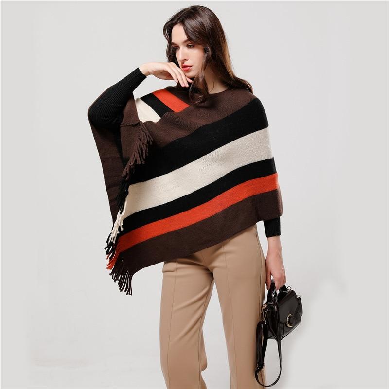 Color Blocks Knit Shawl Thick Winter Poncho - Hautefull