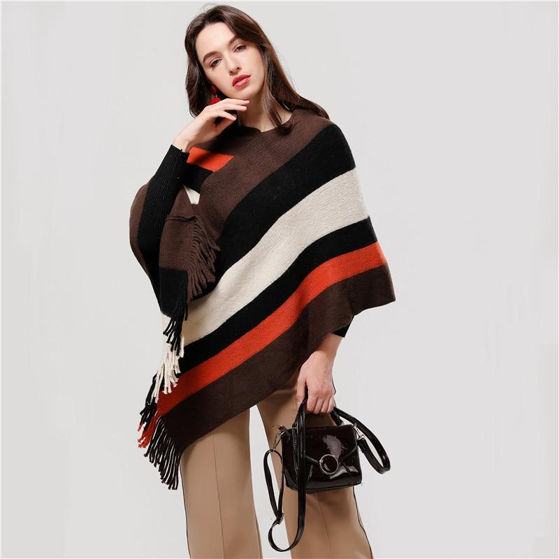 Color Blocks Knit Shawl Thick Winter Poncho - Hautefull