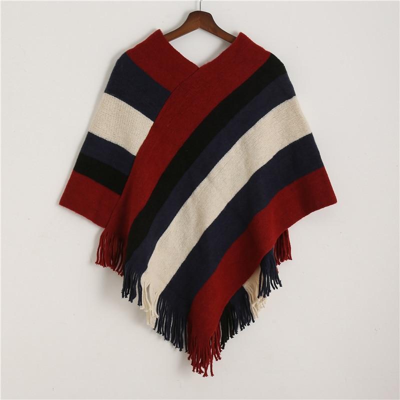 Color Blocks Knit Shawl Thick Winter Poncho - Hautefull