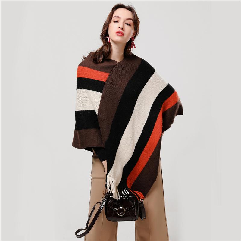 Color Blocks Knit Shawl Thick Winter Poncho - Hautefull