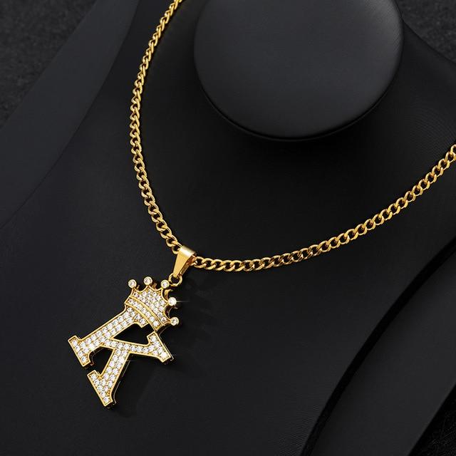 CZ Crown Initial Pendant Necklace - Hautefull