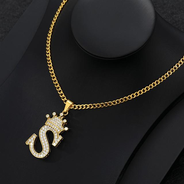 CZ Crown Initial Pendant Necklace - Hautefull